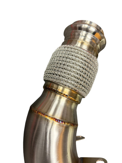 BMW B46 Racing Downpipe by JackSpania Racing for 120i to 730i models, high-performance exhaust part in metallic finish.