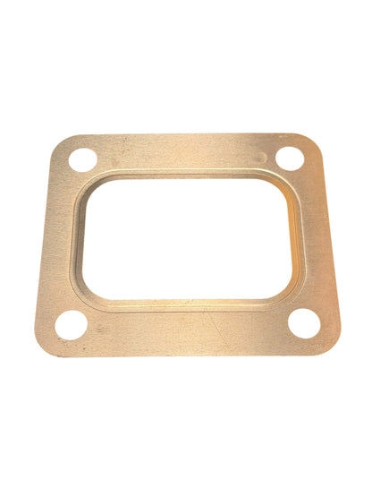 Embossed copper turbo flange gasket for T3, T4, T6 turbos by JackSpania Racing, showing detailed metal surface and flange edges.