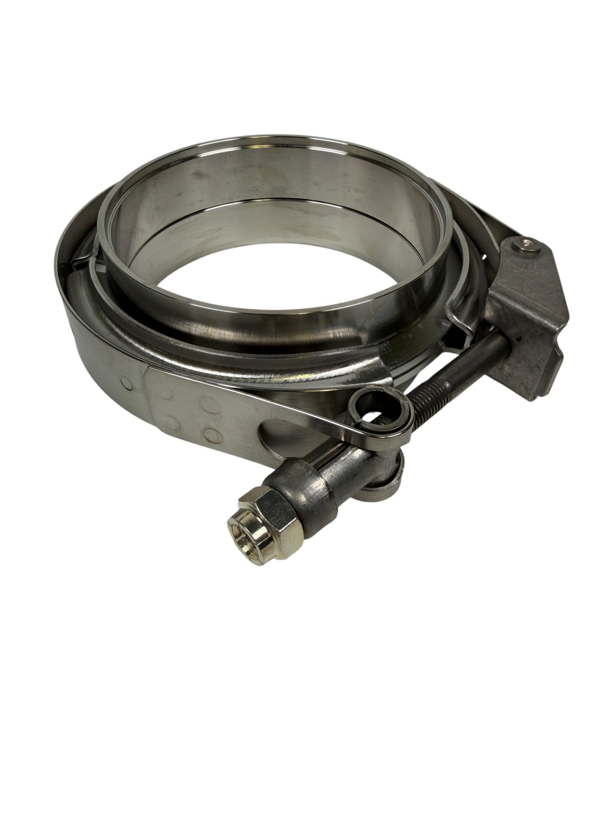 Stainless steel JackSpania Racing V-band clamp with male and female flanges in sizes 2.5 to 4 inches for exhaust systems.