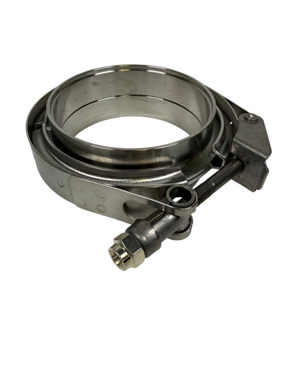 Stainless steel JackSpania Racing V-band clamp with male and female flanges in sizes 2.5 to 4 inches for exhaust systems.