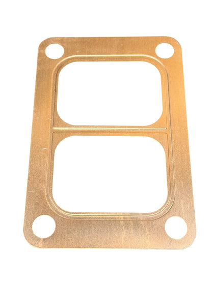 Embossed copper turbo flange gasket for T3, T4, T6 turbochargers from JackSpania Racing, shown in close-up view.