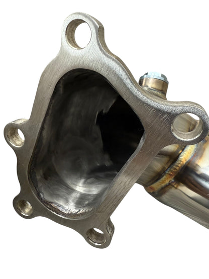 JackSpania Racing 3-inch catless exhaust downpipe for 2007-2013 Mazda 3 Speed3 2.3L turbocharged engine, metal pipe with smooth finish.