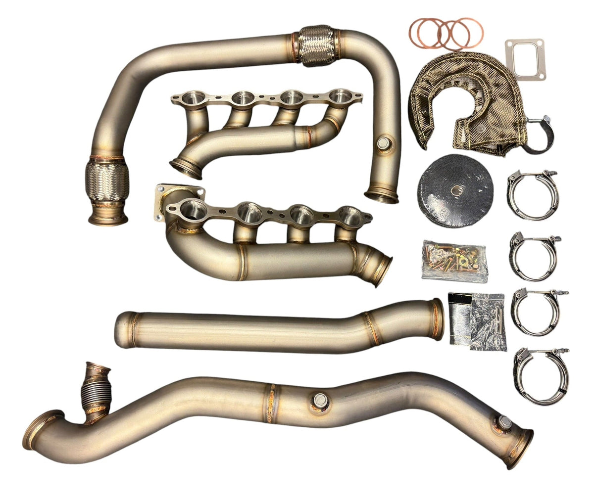 Heavy duty JackSpania Racing exhaust turbo kit for 1999-2013 Chevy Silverado and GMC Sierra LS T4 hot side single turbo setup