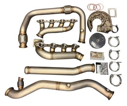 Heavy duty JackSpania Racing exhaust turbo kit for 1999-2013 Chevy Silverado and GMC Sierra LS T4 hot side single turbo setup