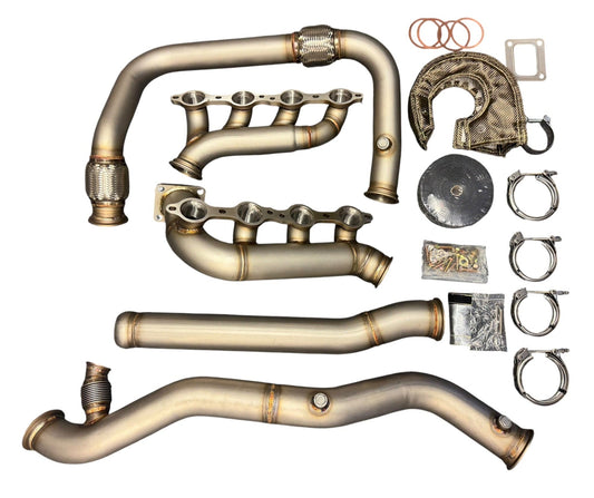 Heavy duty JackSpania Racing exhaust turbo kit for 1999-2013 Chevy Silverado and GMC Sierra LS T4 hot side single turbo setup