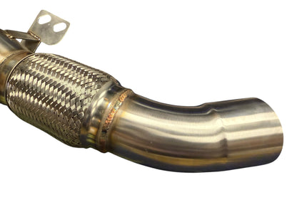 BMW G30 G32 B58 F30 F32 340i 140i 240i 440i exhaust downpipe by JackSpania Racing, close-up of the sleek metal pipe.