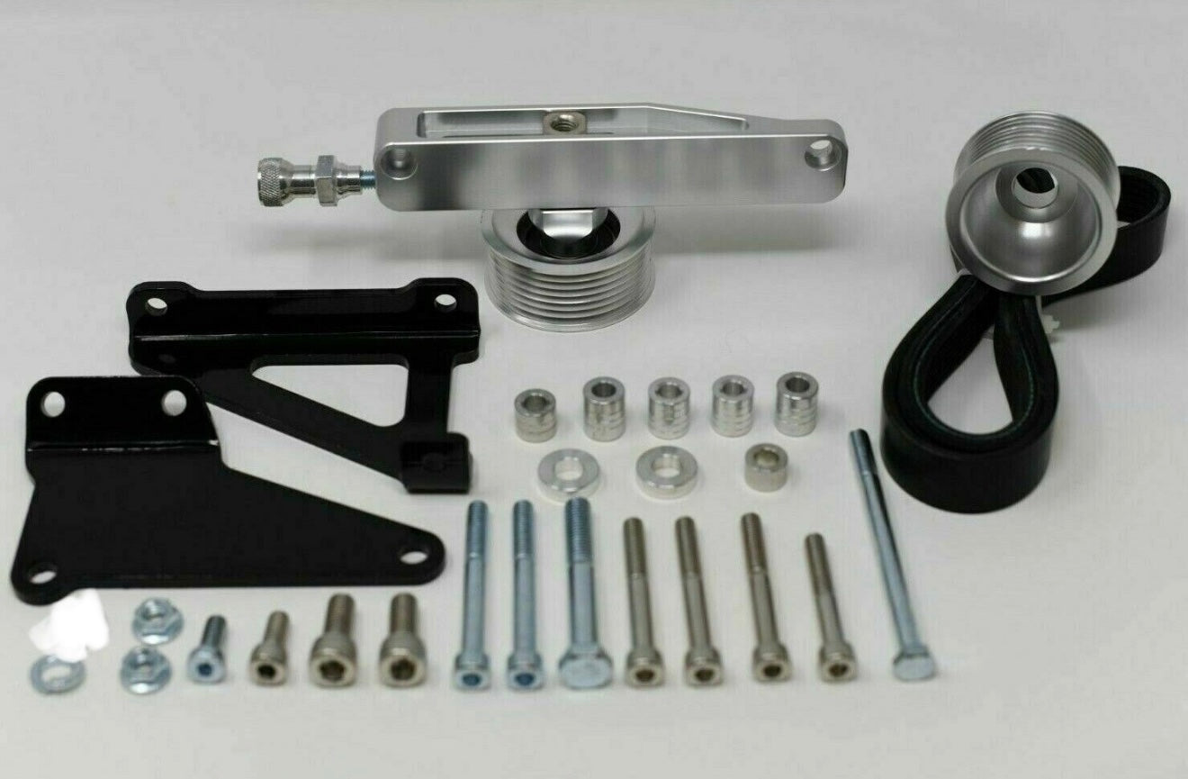 Jack Spania Racing K Series AC PS Eliminator Pulley Kit for Honda Acura K20 K24 K swap engine, showing polished pulley components.