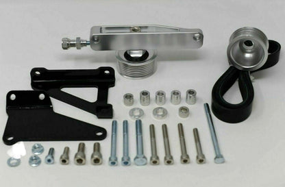 Jack Spania Racing K Series AC PS Eliminator Pulley Kit for Honda Acura K20 K24 K swap engine, showing polished pulley components.