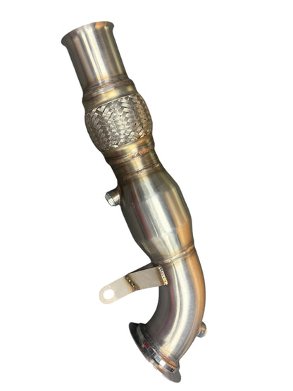 High-flow catted downpipe for Ford Fiesta ST MK8 2018-2022, made by JackSpania Racing, shown in the image.