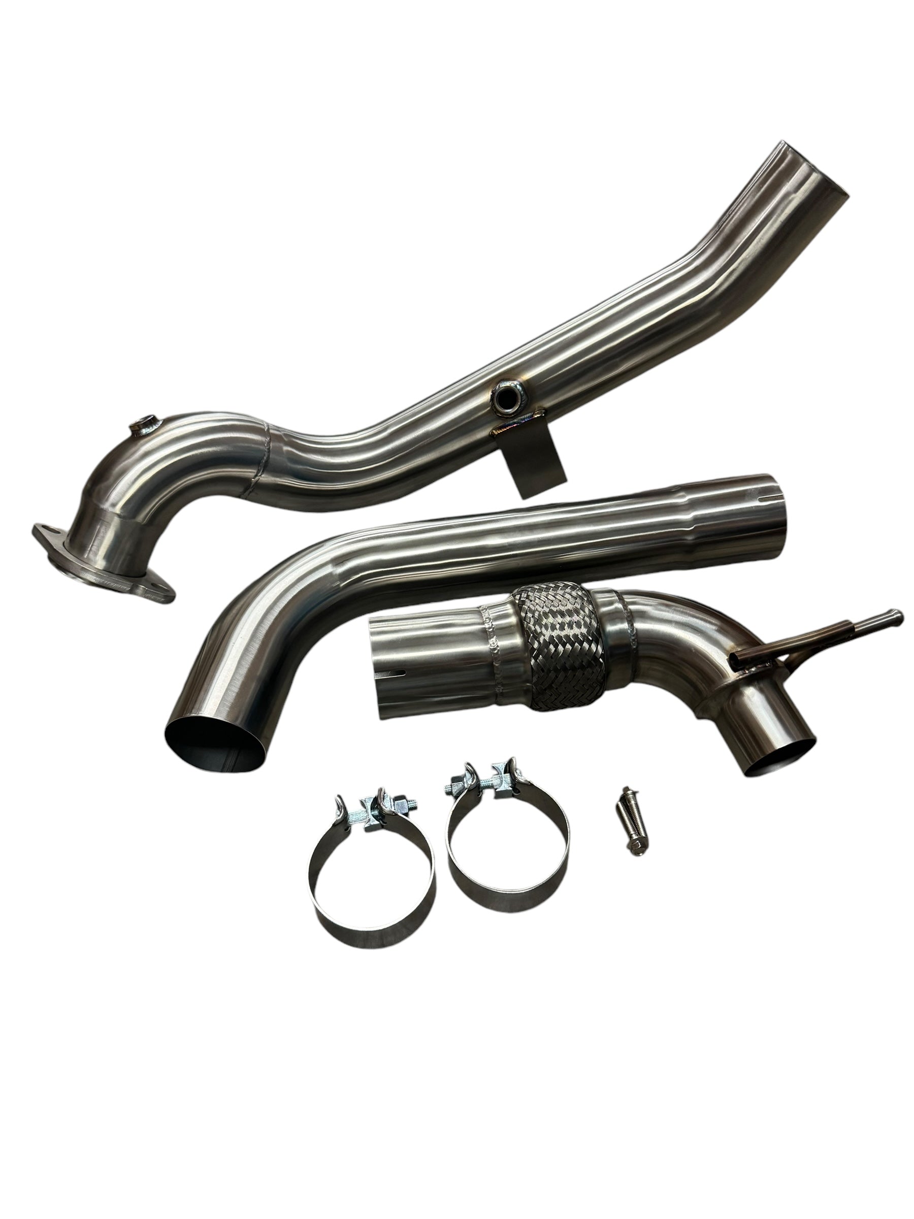 3-inch stainless steel downpipe for 2015-2023 Ford Mustang EcoBoost 2.3T, exhaust parts by JackSpania Racing, shown in image
