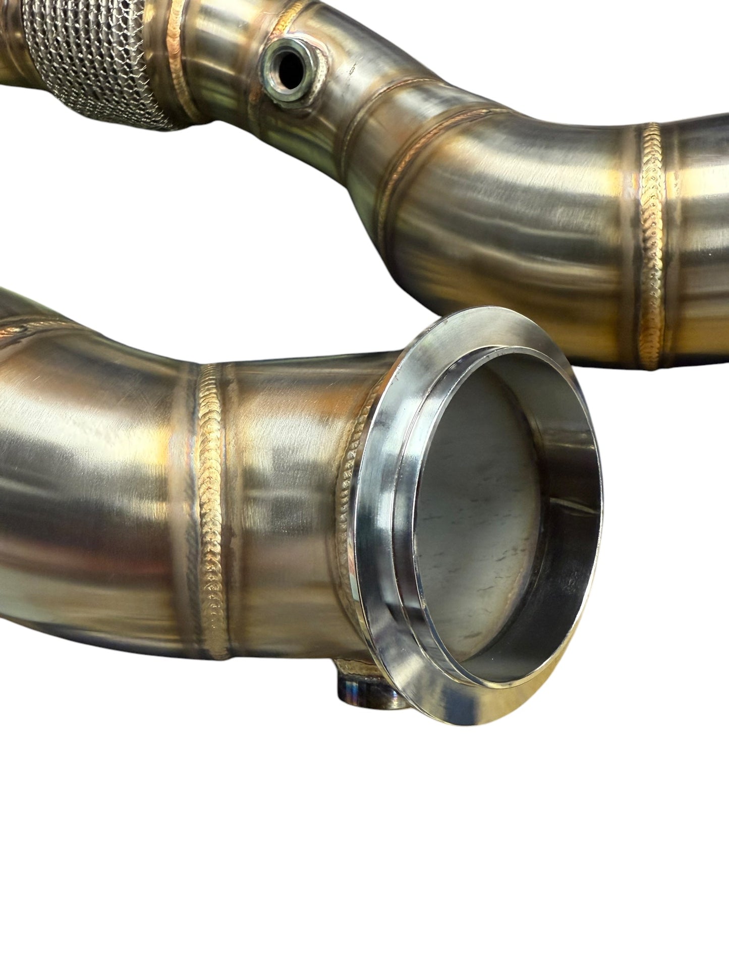 JackSpania Racing BMW S58 M2 G80 M3 G82 M4 G87 M2 high flow downpipes with non-catted exhaust parts, showing polished metal finish.