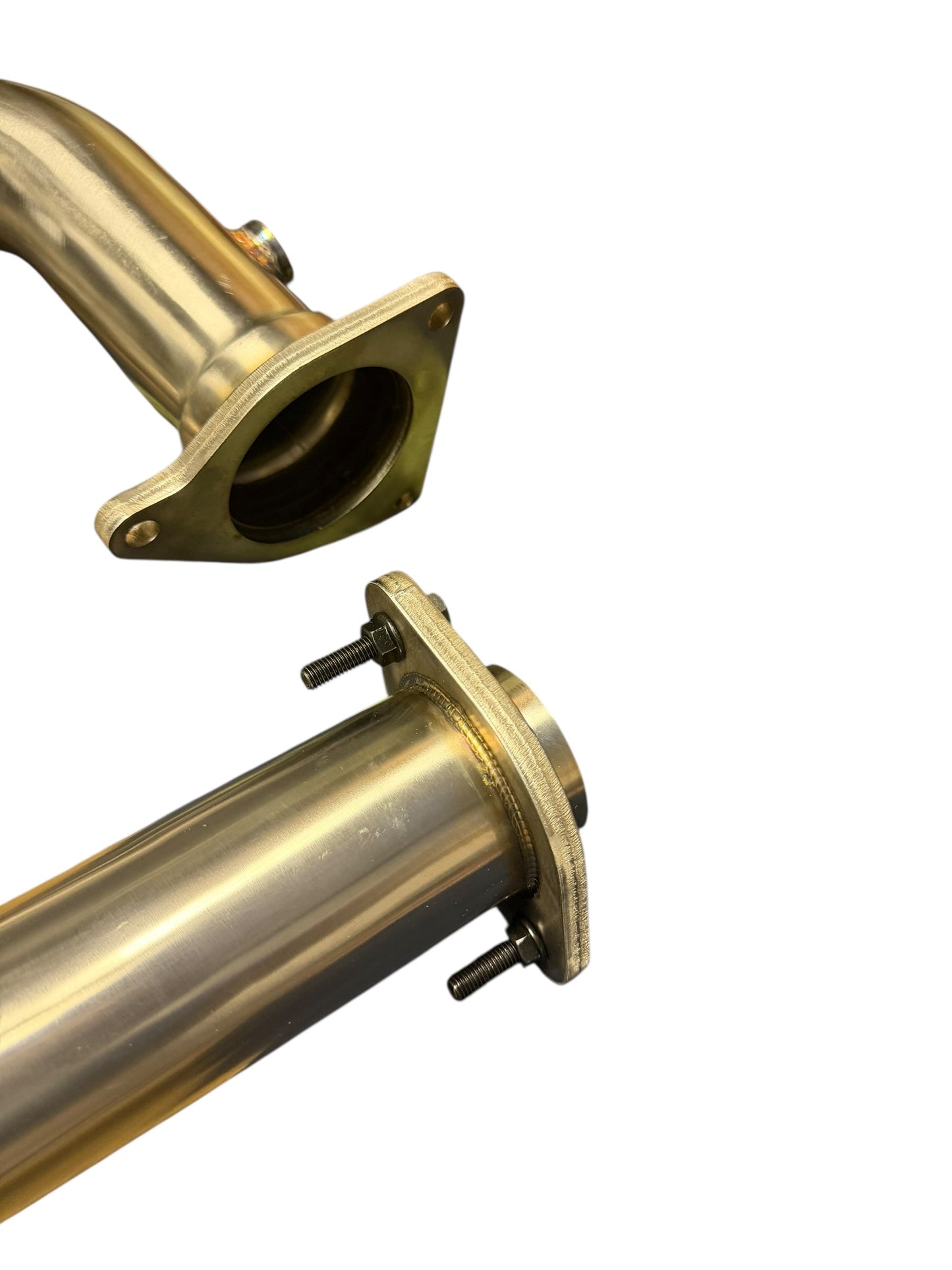 JackSpania Racing high flow catless J-pipe downpipe for 2022+ Subaru WRX VB, showing the stainless steel exhaust part with smooth bends.