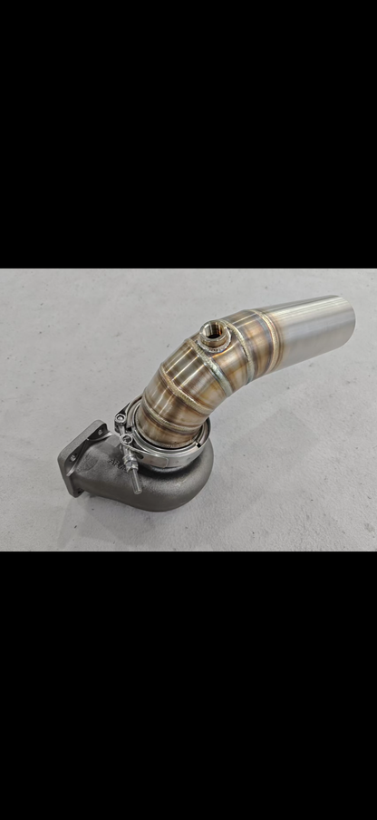 3-inch downpipe with Garrett Holset and Borgwarner V-band turbo flange, 90-degree exhaust flange, and O2 bung for exhaust systems.