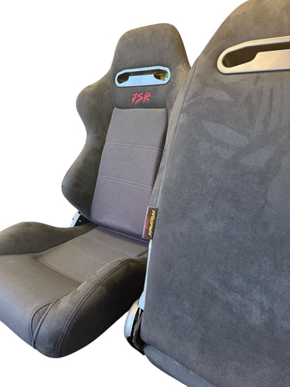 Reclinable slider seat for Recaro SR3 style Civic Integra DC2 EK9 EK EG ITR CTR, JackSpania Racing drivetrain parts in black with mounting hardware.