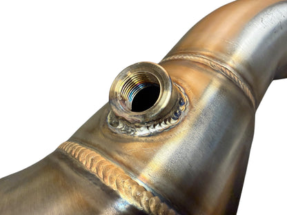 Downpipe for 2019+ BMW F97 X3M and F98 X4M with S58 3.0T engine, exhaust part from JackSpania Racing, showing the metal pipe