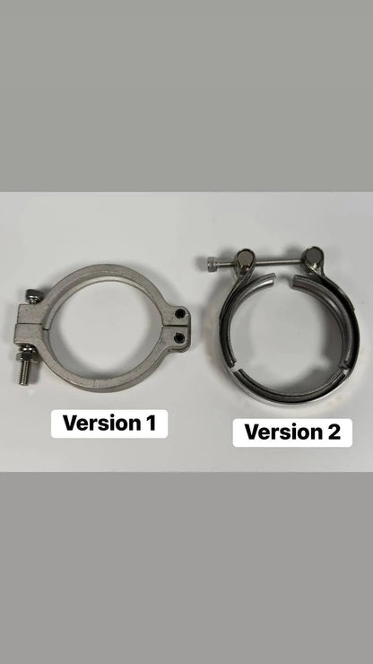 Jack Spania Racing 44mm external wastegate MV-R V-Band flange for turbochargers, showing the metal V-band and flange components.
