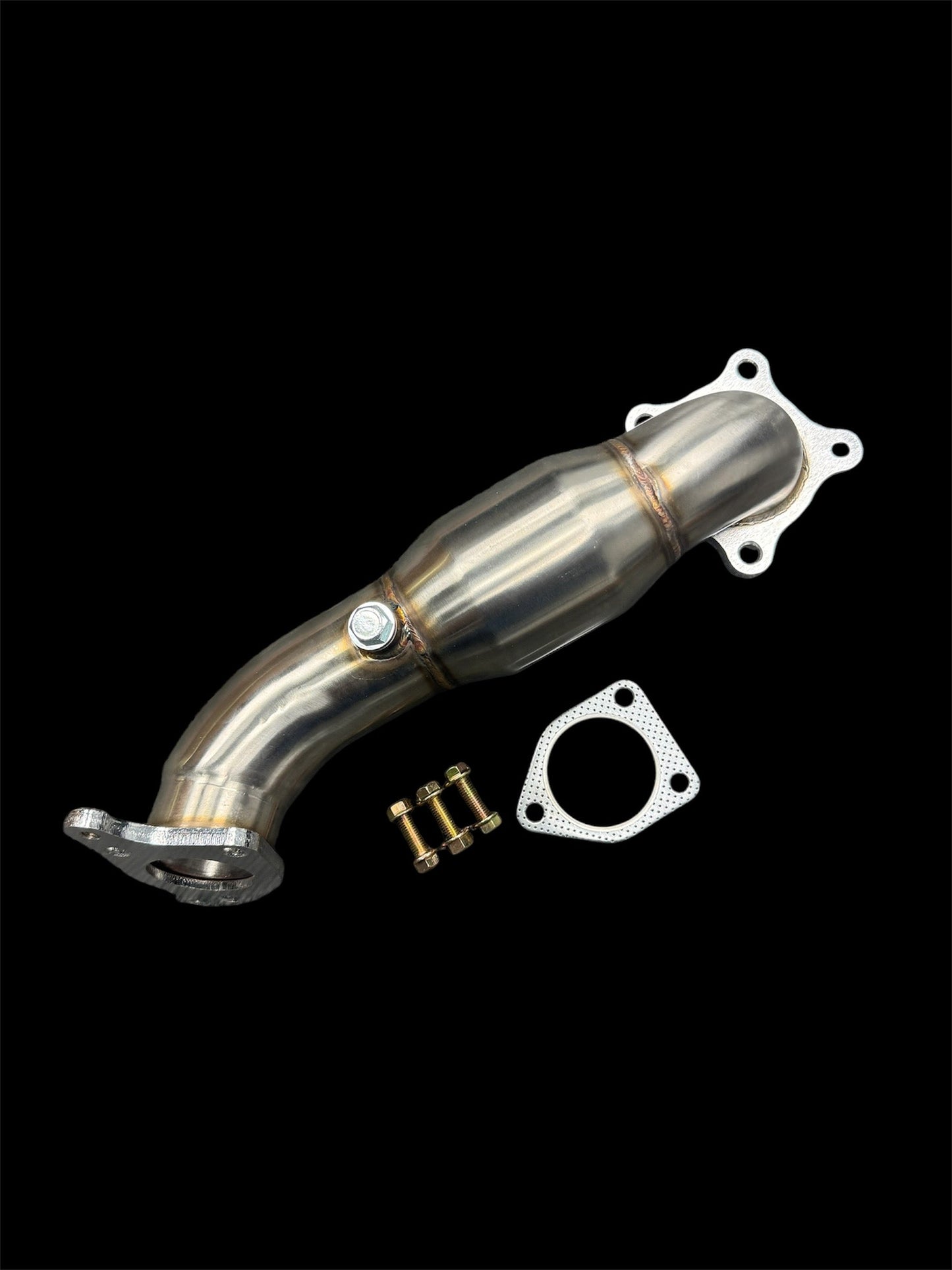 Honda Civic X 1.5T Si catted downpipe by JackSpania Racing, showing the polished exhaust pipe with branding and mounting brackets.