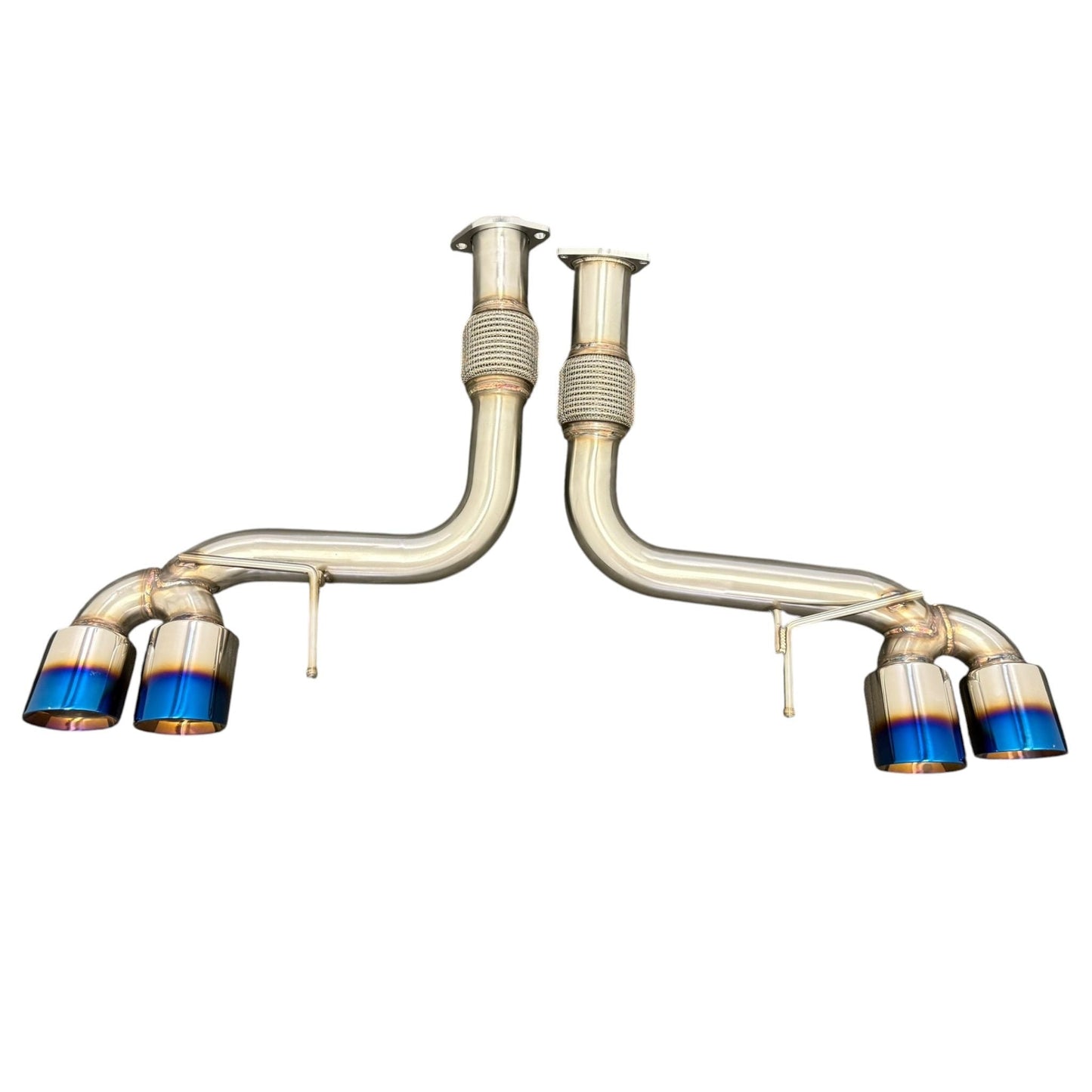JackSpania Racing axle back exhaust for Chevrolet Corvette C8 2020+ 6.2L V8, 3-inch muffler pipe, metallic finish.