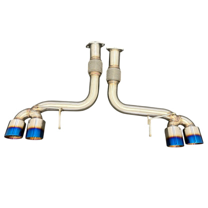 JackSpania Racing axle back exhaust for Chevrolet Corvette C8 2020+ 6.2L V8, 3-inch muffler pipe, metallic finish.
