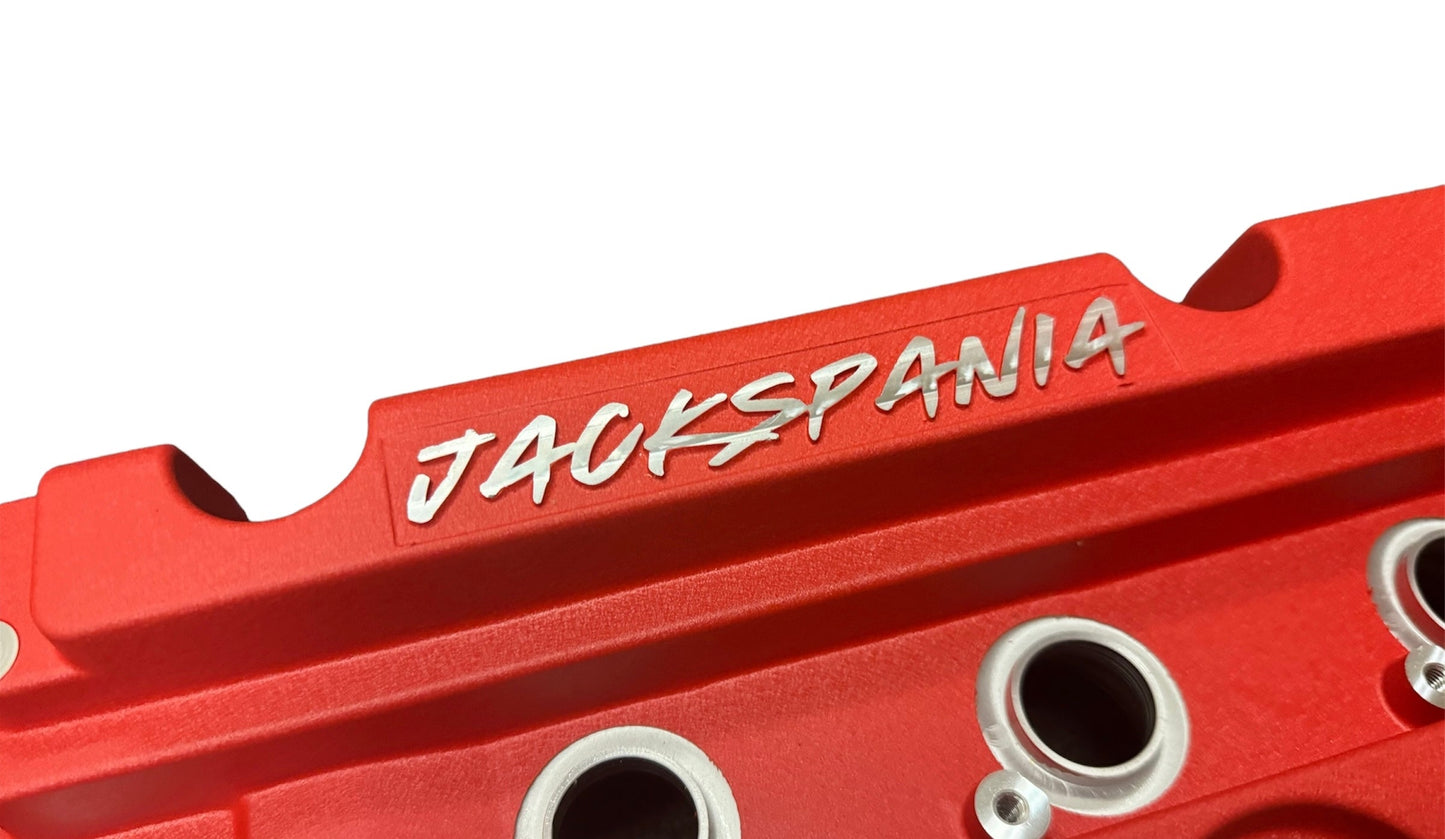 Cast aluminum K Series vented valve cover baffle for Honda Acura K20 K24 engines, by Jack Spania Racing, with AN10 fitting.