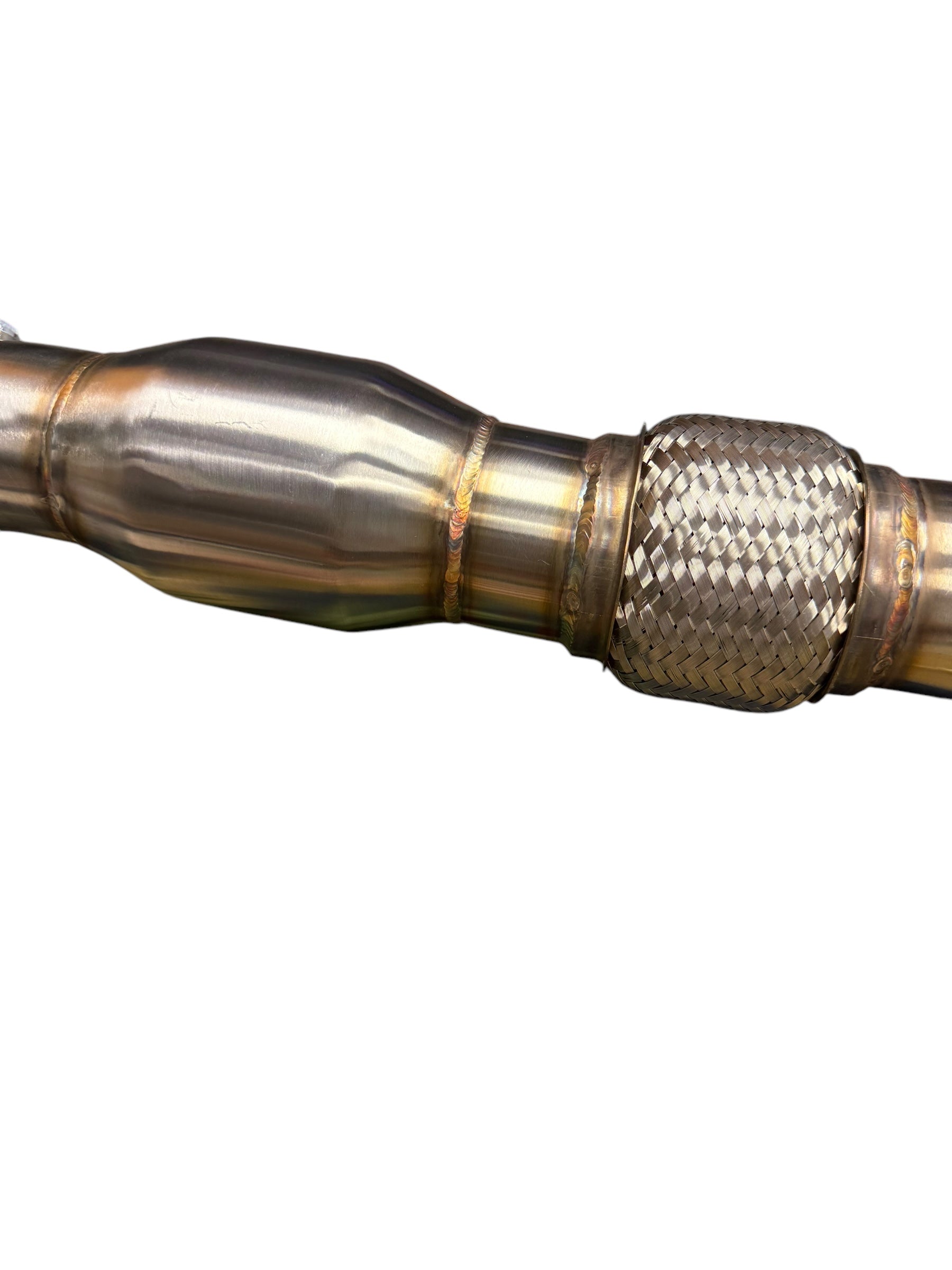 Ford Focus RS high flow catted downpipe exhaust part from JackSpania Racing, showing the stainless steel downpipe with catalytic converter.