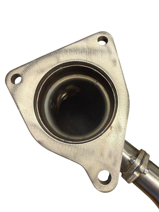 High flow catless J-pipe downpipe for 2022+ Subaru WRX VB, made by JackSpania Racing, showing the exhaust part with a smooth metallic finish.