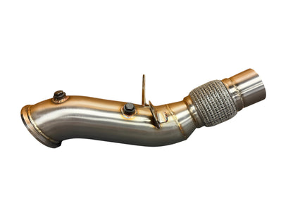 BMW B48 catless performance downpipe by JackSpania Racing, shown in metallic with flanged ends for 220i, 330i, 420i, 430i, X1, X2, Z4.