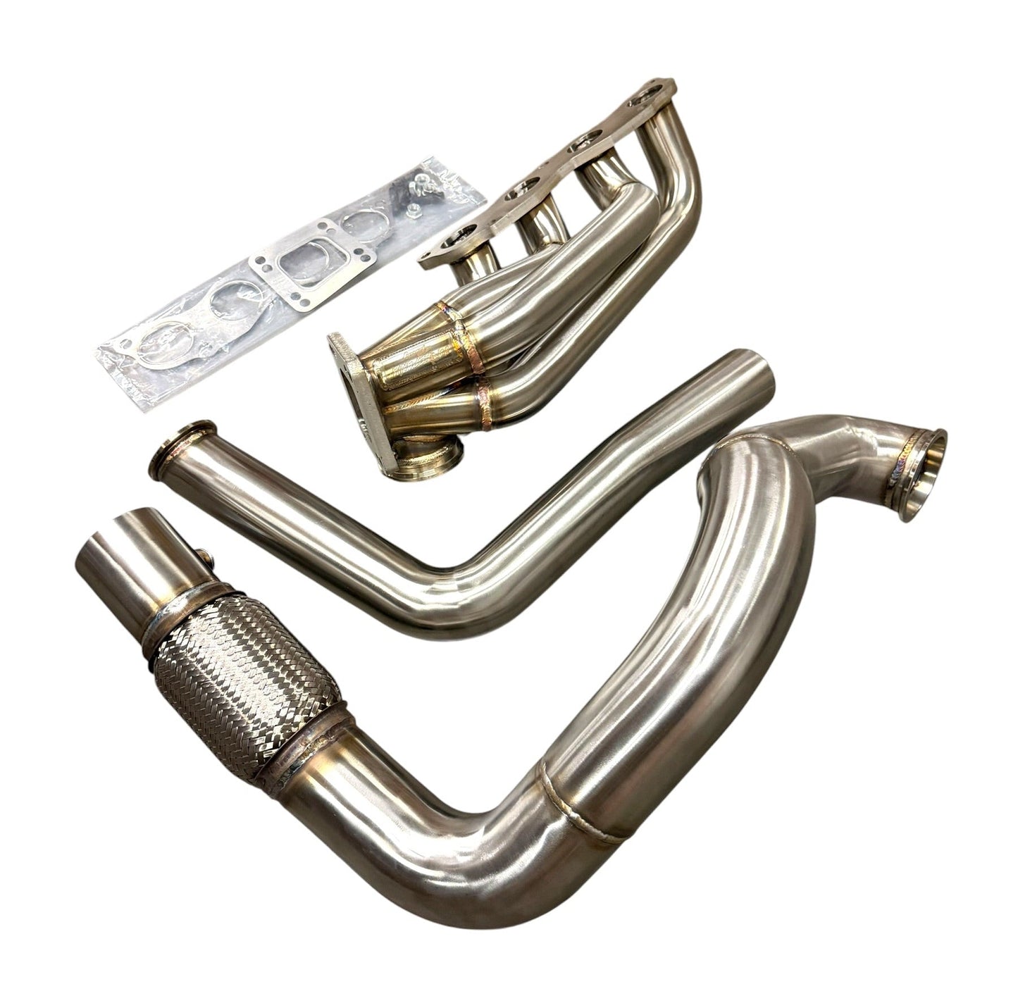 JackSpania Racing K Series turbo manifold with T3 T4 flange, 3-inch downpipe, 60mm wastegate, and exhaust pipes for K20 and K24 engines.