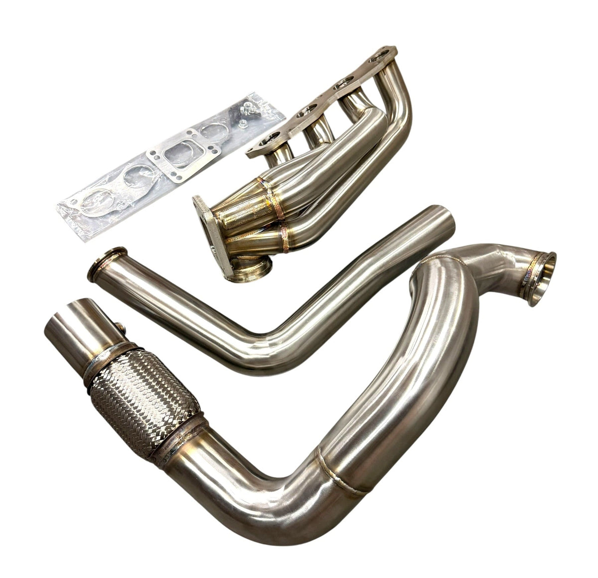 JackSpania Racing K Series turbo manifold with T3 T4 flange, 3-inch downpipe, 60mm wastegate, and exhaust pipes for K20 and K24 engines.