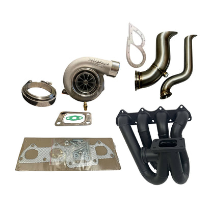 Jack Spania Racing B Series Turbo Kit ceramic coated top mount manifold and up pipe with 44mm T3 flange for exhaust performance.