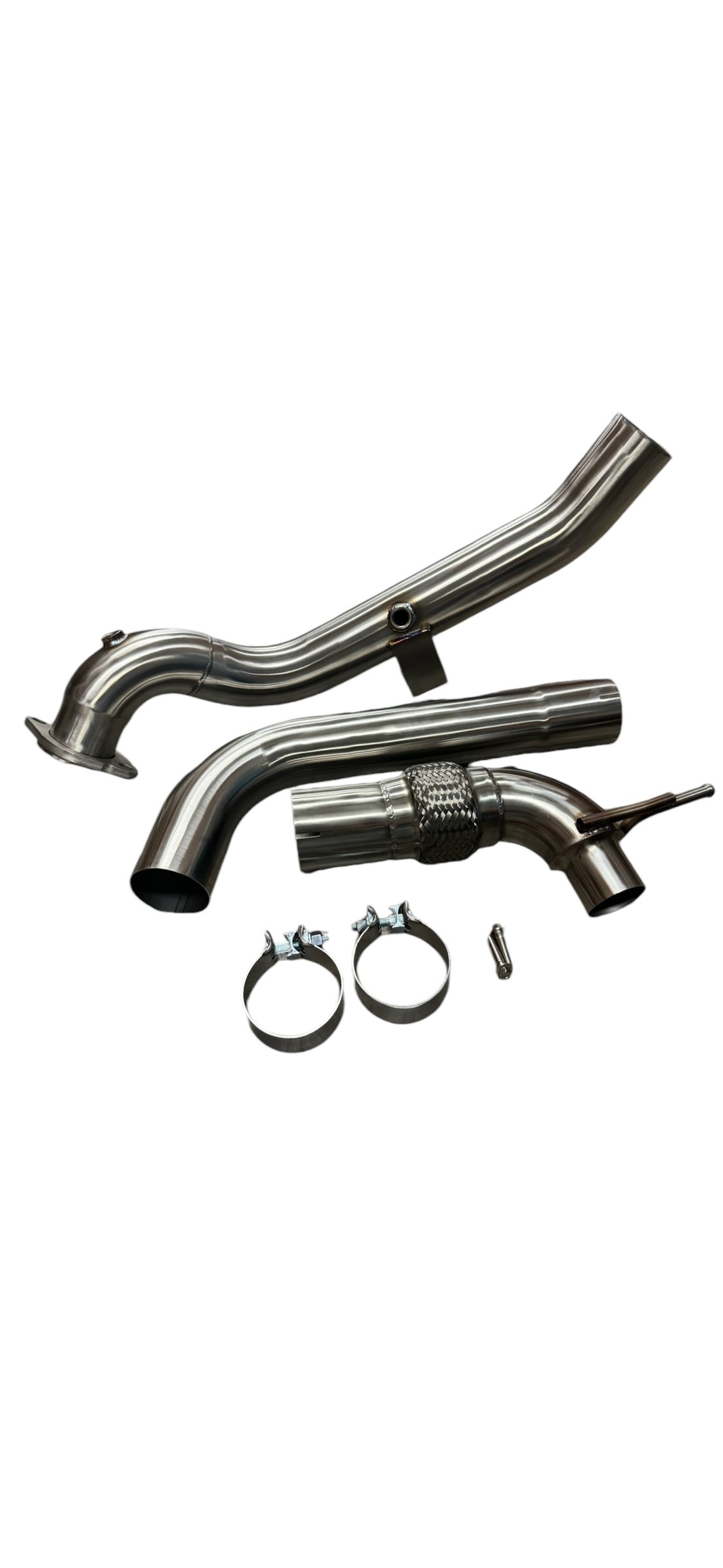 3-inch stainless steel downpipe for Ford Mustang EcoBoost 2.3T exhaust system by JackSpania Racing, shown in the image.