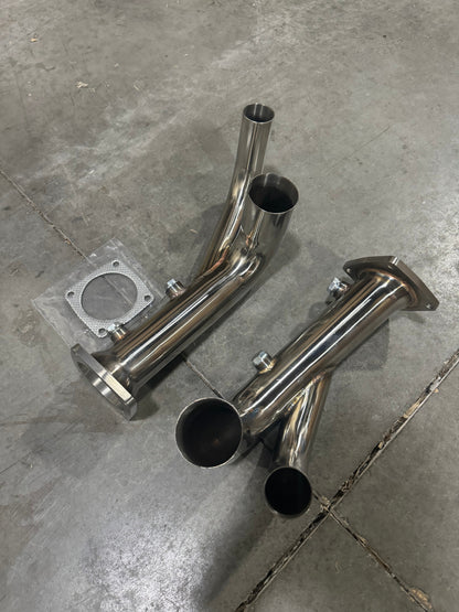 JackSpania Racing Porsche 991.2 Carrera exhaust parts with PSE Sport Exhaust Cat Bypass Pipes, 2017-2019, showing close-up of pipes.