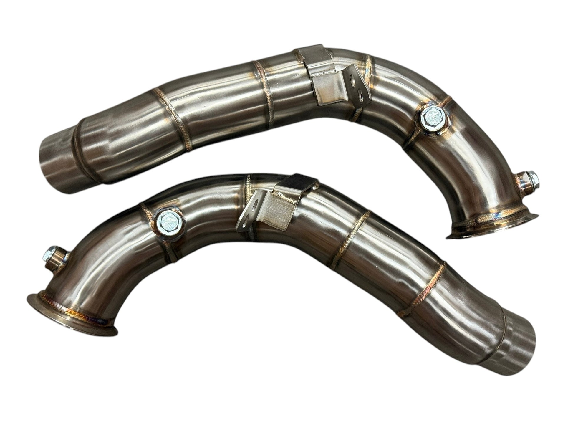 BMW M5 and M6 racing downpipes for S63 engine, JackSpania Racing exhaust parts for F06, F10, and F12 models.