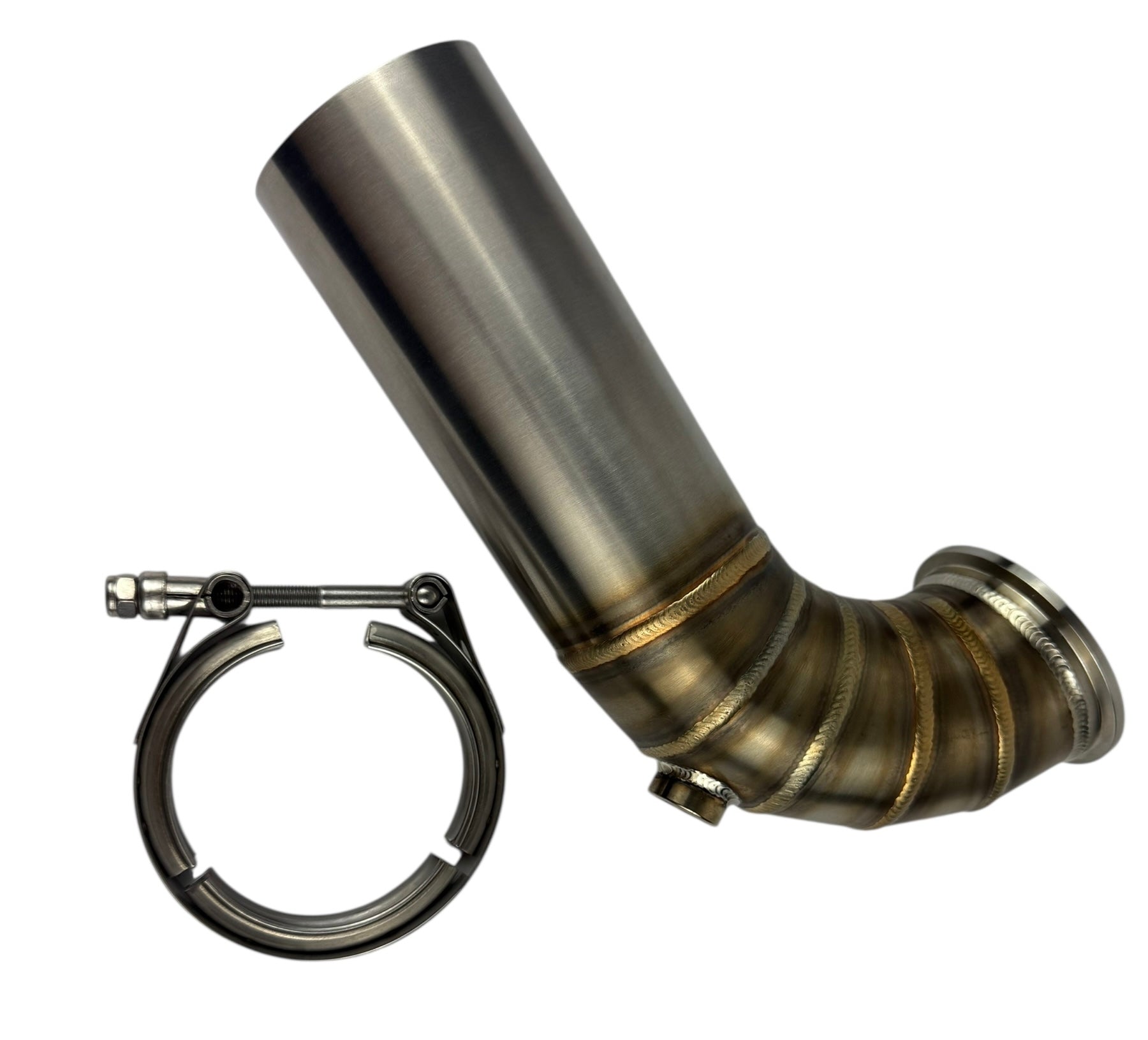 3-inch downpipe with V-band flange for turbo exhaust systems, featuring O2 bung and 90-degree bend, by JackSpania Racing.