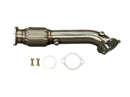2014+ Ford Fiesta ST downpipe by JackSpania Racing, 3-inch exhaust part in polished 304 stainless steel with smooth bends.
