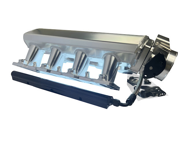 LS Low Profile Metal Intake Manifold for LS1, LS2, LS6 engines by JackSpania Racing, featuring 92mm and 102mm cathedral ports.