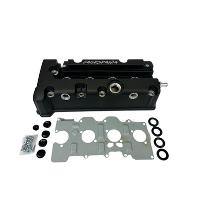 Cast aluminum K Series vented valve cover baffle with AN10 fittings for Honda Acura K20 K24 engines, by Jack Spania Racing.