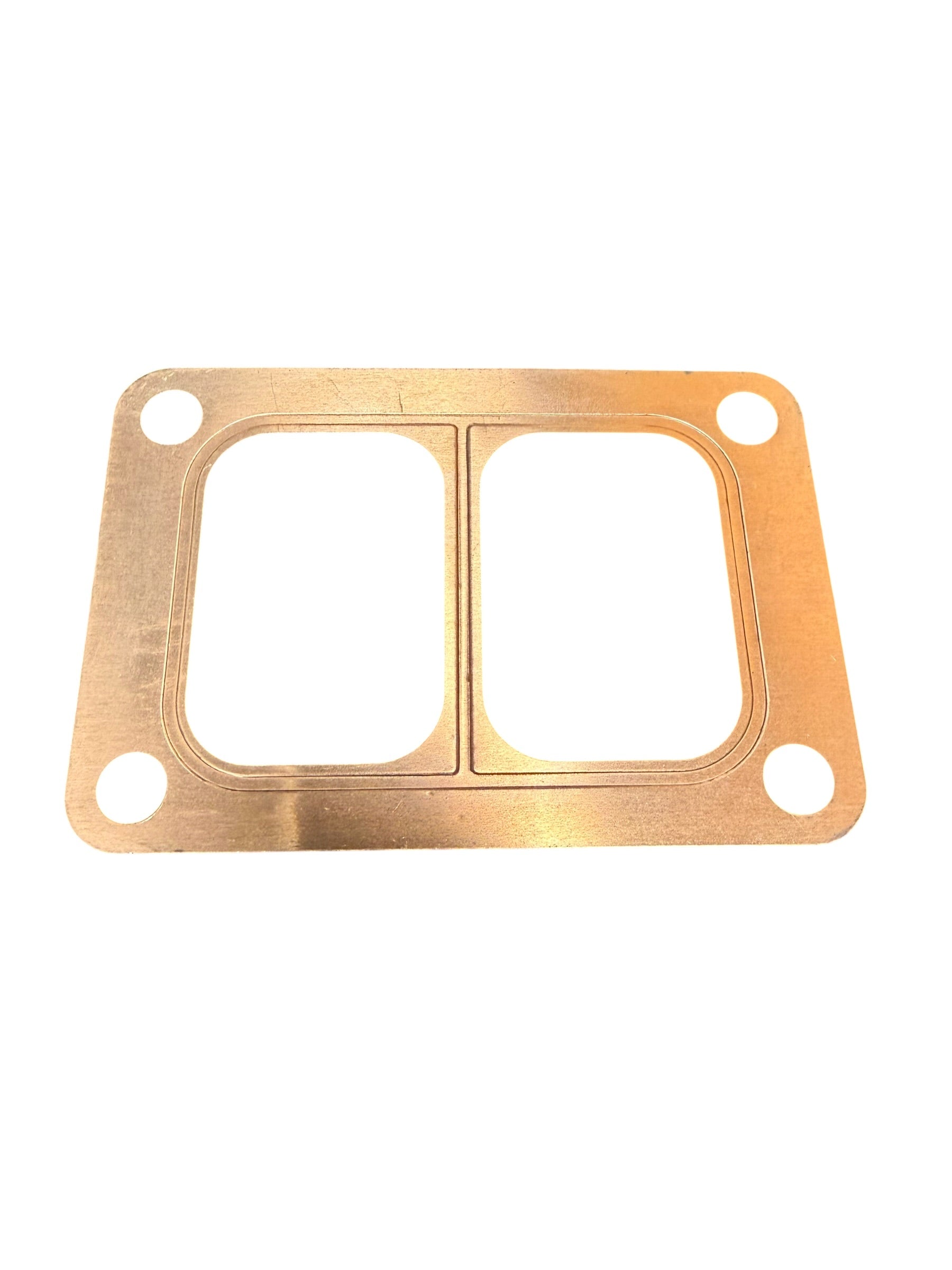 Embossed copper turbo flange gasket from JackSpania Racing for T3, T4, and T6 turbochargers, showing detailed embossed surface.