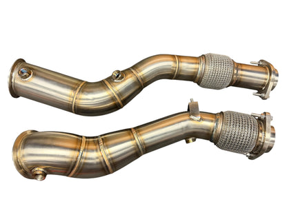 Downpipe for 2019+ BMW F97 X3M and F98 X4M with S58 3.0T engine, made by JackSpania Racing, showing the exhaust pipe component.