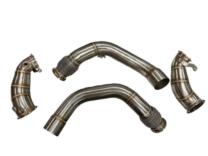 BMW F90 M5 F91 F92 F93 M8 engine downpipe and midpipe from JackSpania Racing, showcasing polished metal components for high-performance vehicles.