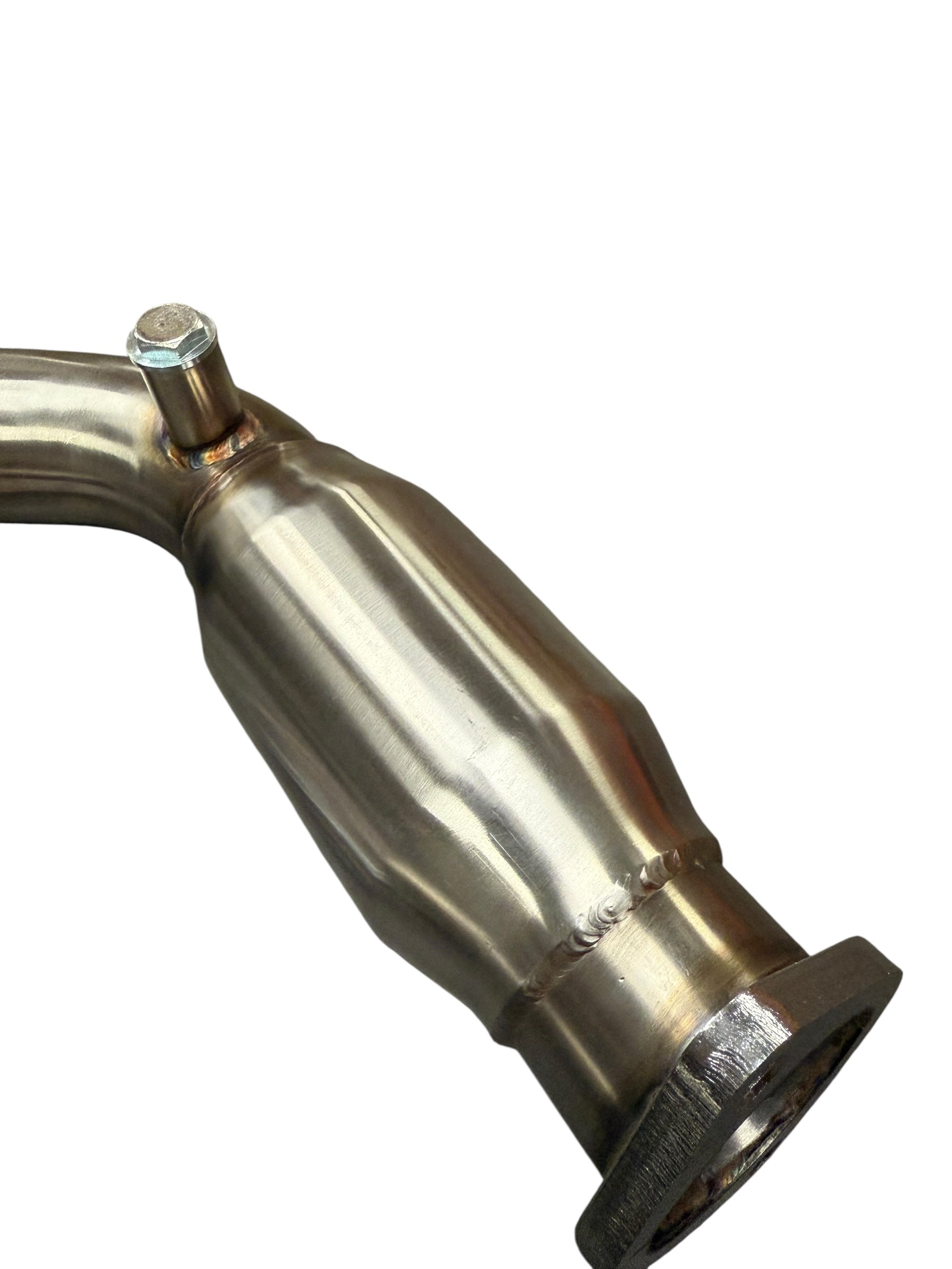 Nissan 350Z/370Z Infiniti G35/G37 resonated catless Helmholtz downpipe test pipe from JackSpania Racing, showing metallic exhaust component.