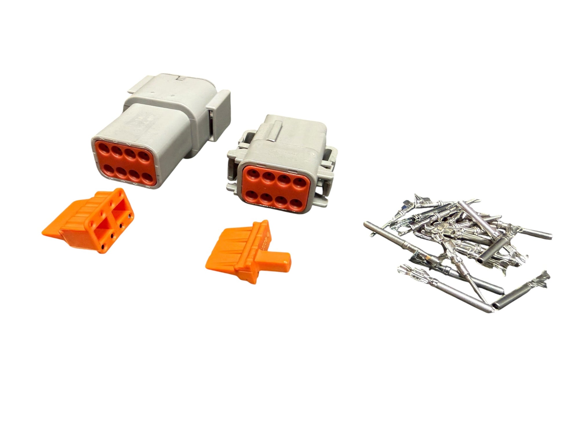 Deutsch DTM male and female mating connector kit with pins and sockets, suitable for automotive or racing wiring applications.