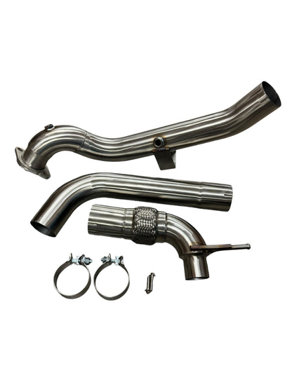 Stainless steel 3-inch downpipe for Ford Mustang EcoBoost 2.3T exhaust system by JackSpania Racing, showing the metallic pipe and fittings.