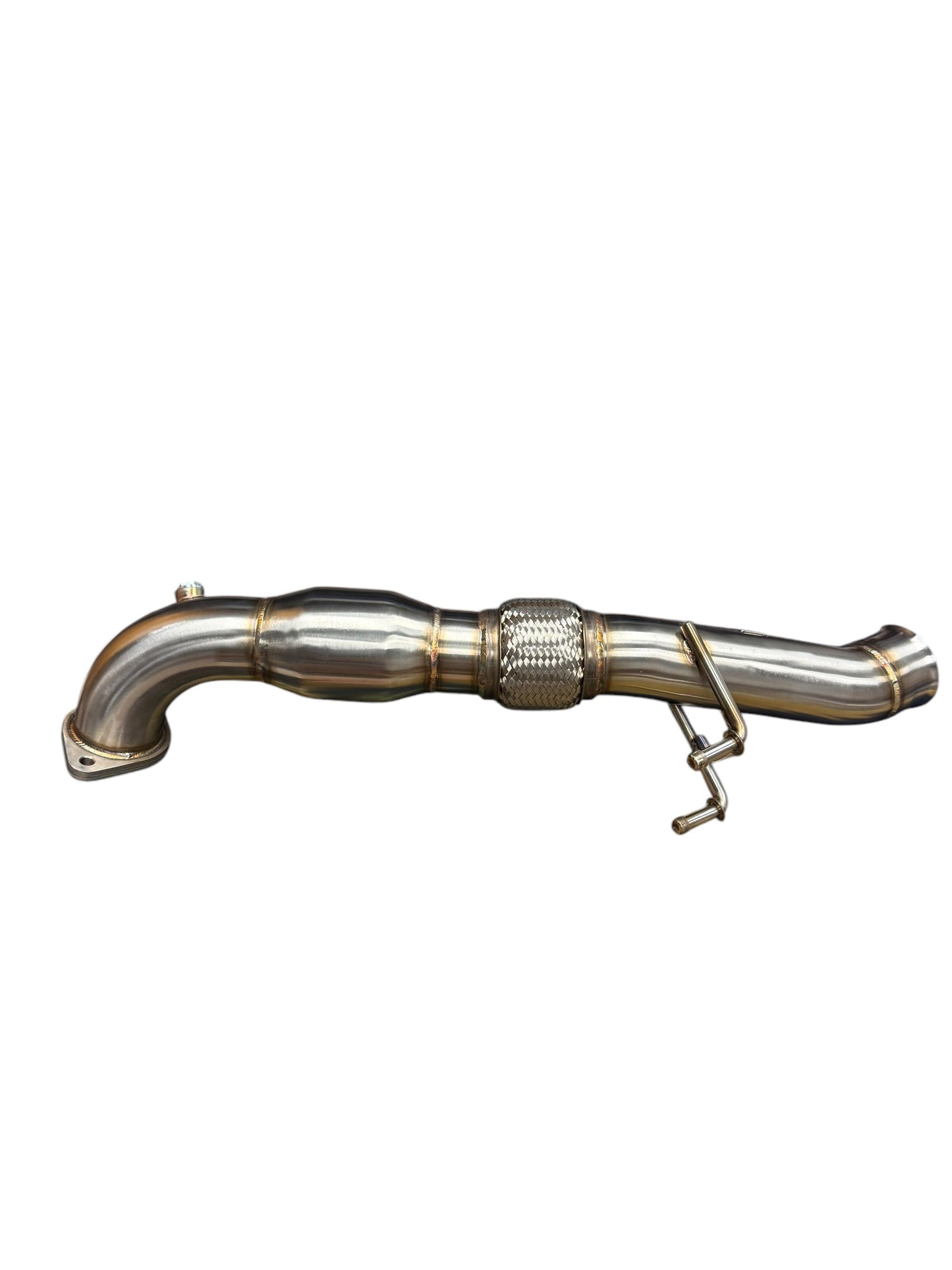 Ford Focus RS high flow catted downpipe exhaust part by JackSpania Racing, showing the metallic downpipe with connection flanges.
