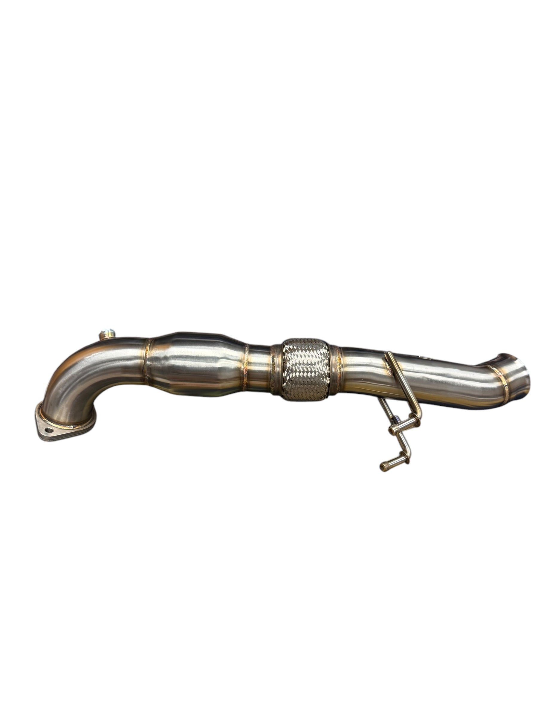 Ford Focus RS high flow catted downpipe exhaust part by JackSpania Racing, showing the metallic downpipe with connection flanges.