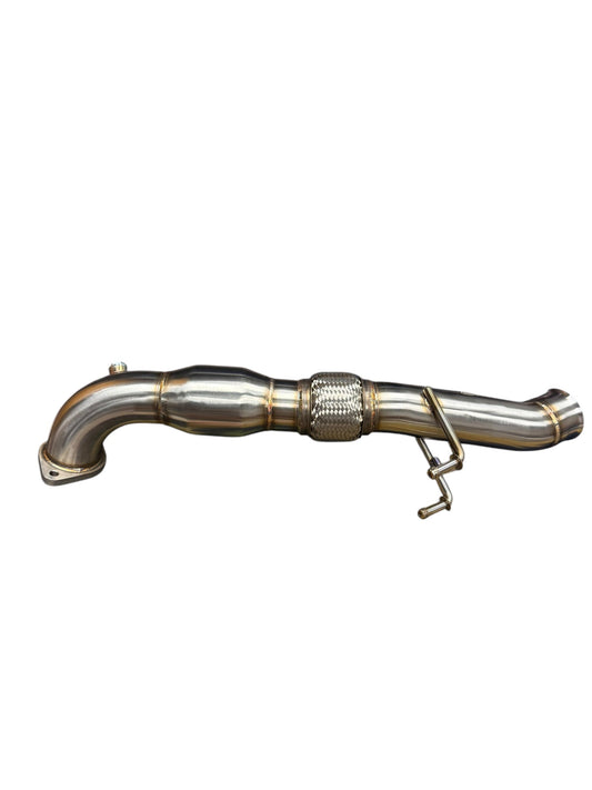 Ford Focus RS high flow catted downpipe exhaust part by JackSpania Racing, showing the metallic downpipe with connection flanges.
