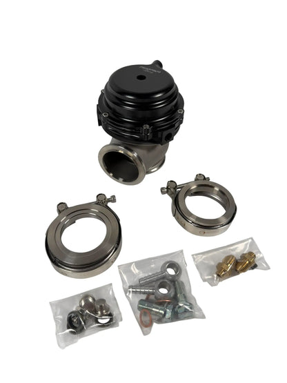 Jack Spania Racing 44mm external wastegate with MV-R V-Band flange for turbo engine applications, shown with detailed metal construction.