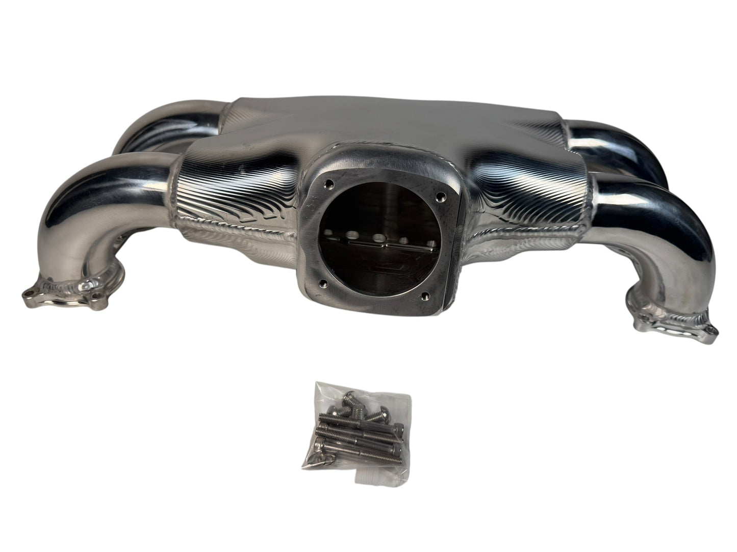 Rear facing billet intake manifold for Subaru WRX STi by JackSpania Racing, with 64mm throttle body, engine part for performance upgrade.