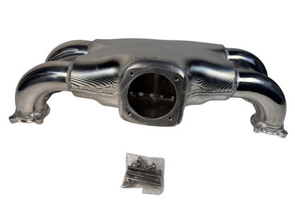 Rear facing billet intake manifold for Subaru WRX STi by JackSpania Racing, with 64mm throttle body, engine part for performance upgrade.