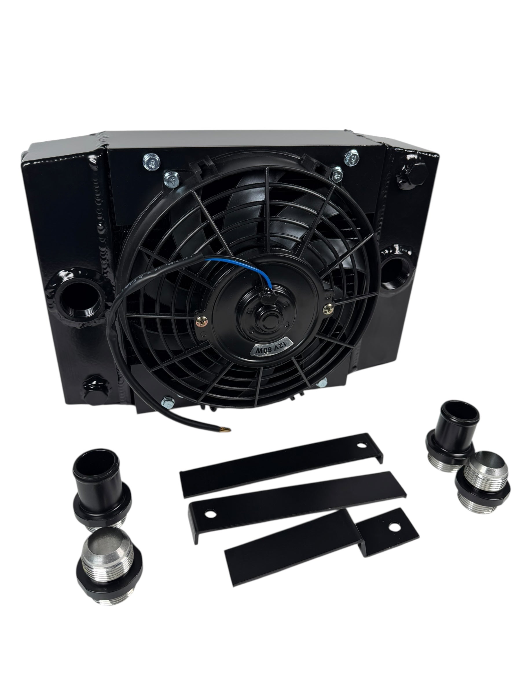 JackSpania Racing half-size compact drag tuck coolant radiator with 4-row core and 1.25" 16AN fittings, engine cooling part